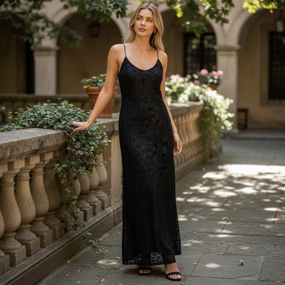 Roberta Maxi Dress Women Small Black Sequin Lace Corset Back Y2K Evening Gown